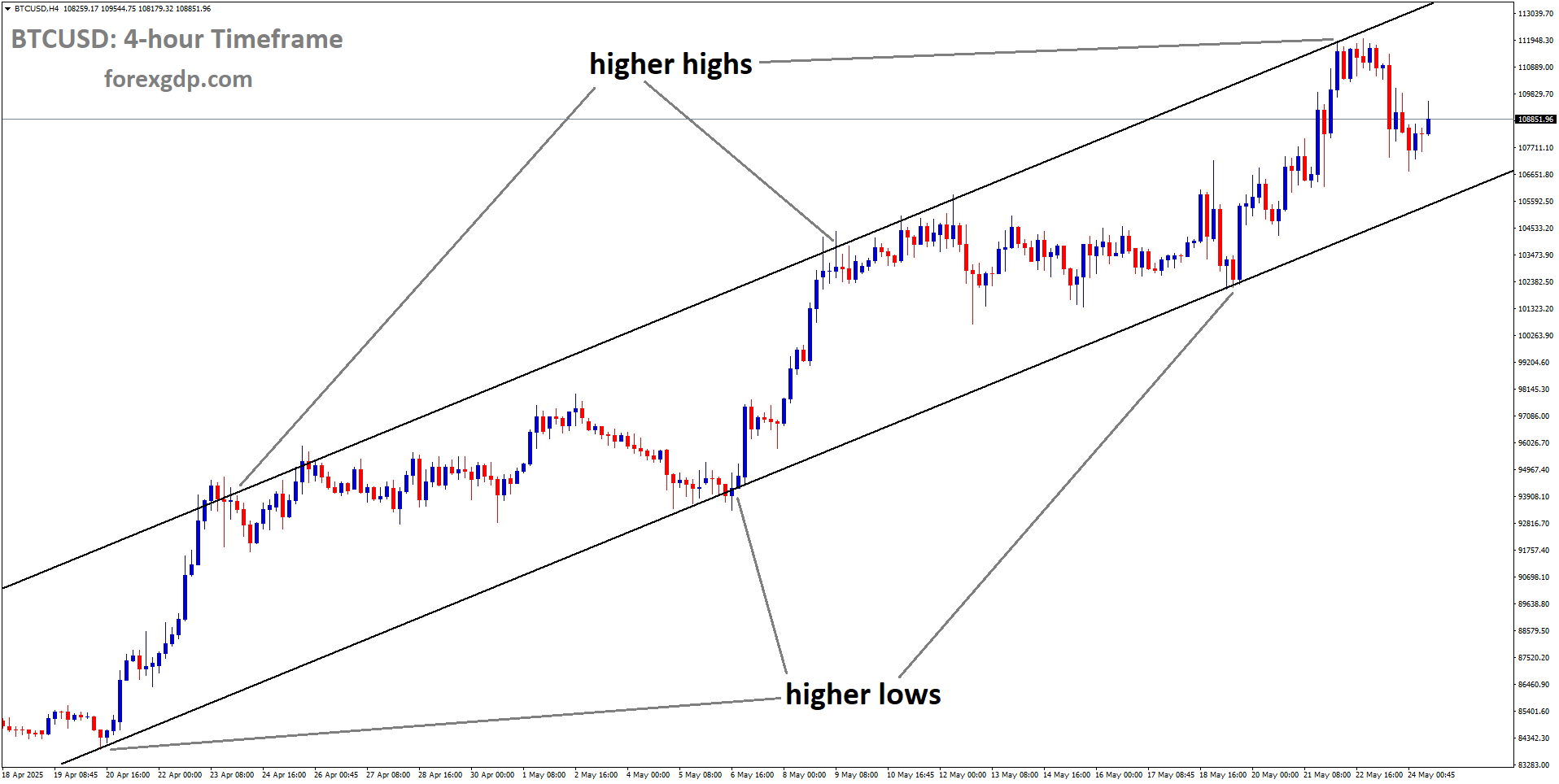 BTCUSD is moving in an uptrend channel, and the market has fallen from the higher high area of the channel