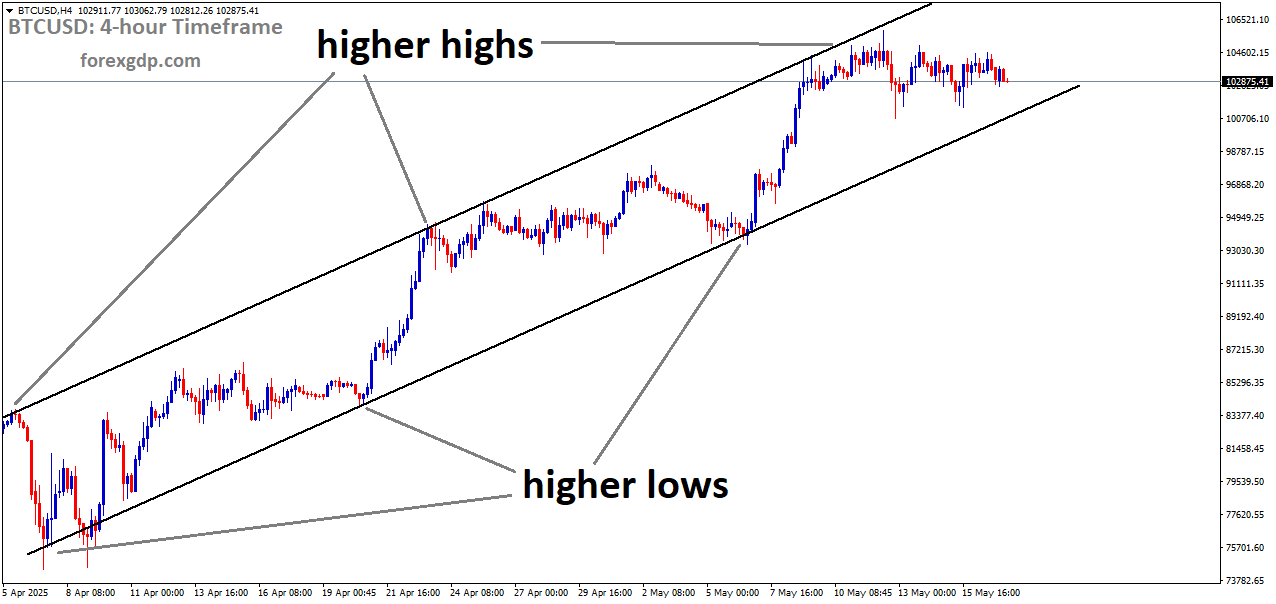 BTCUSD is moving in an uptrend channel, and the market has fallen from the higher high area of the channel