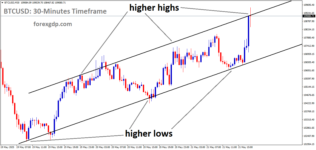BTCUSD is moving in an uptrend channel, and the market has reached the higher high area of the channel