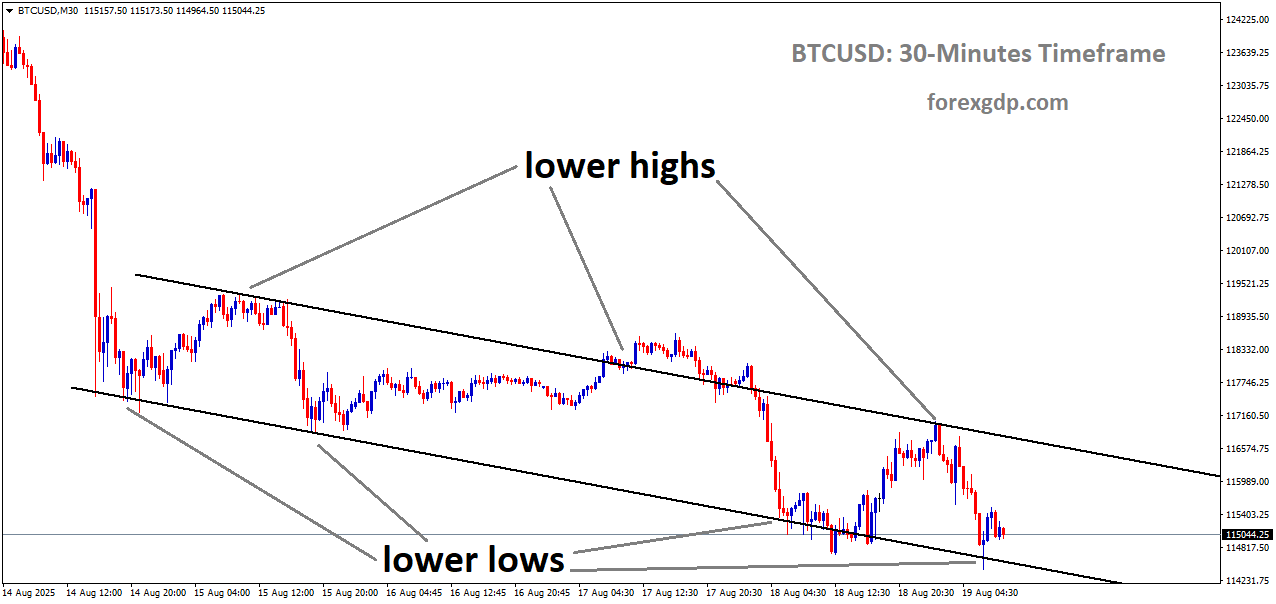 BTCUSD is moving in a downtrend channel, and the market has reached the lower low area of the channel