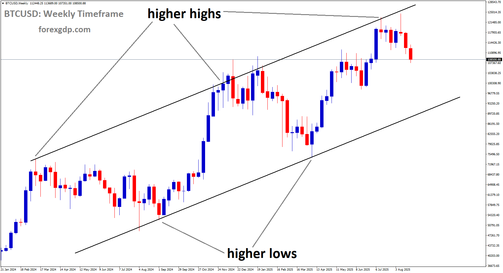 BTCUSD is moving in an uptrend channel, and the market has fallen from the higher high area of the channel