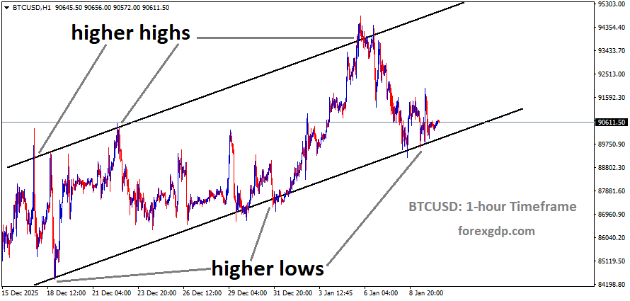 BTCUSD is moving in an uptrend channel, and the market has reached a higher low area of the channel